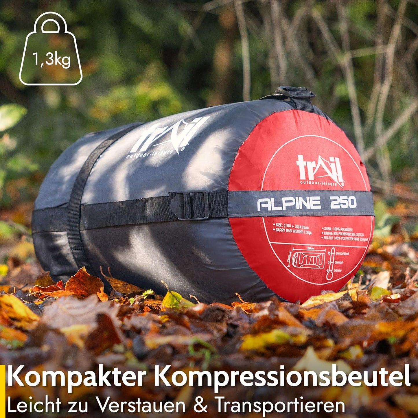 Trail-Alpin-Schlafsack mit Kapuze und Kompressionssack, Rot - 3 Jahreszeiten