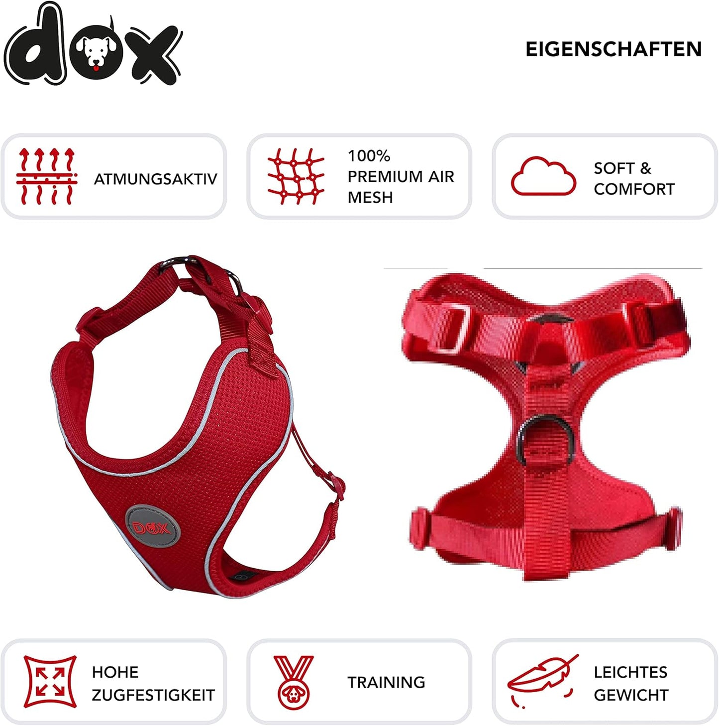 Reflektierendes Hundegeschirr, HALS: 42-58 cm | BRUST: 52-76 cm Rot