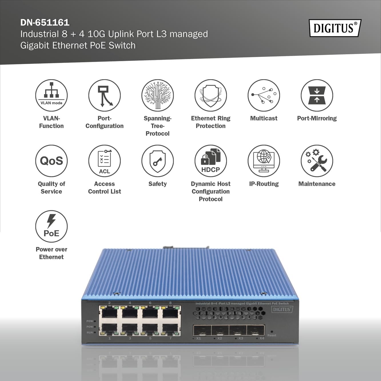 Industrieller PoE Netzwerk-Switch 8-Port + 4 Uplink, 8-Port + 4x Uplink SFP Gigabit Switch L3 Managed (PoE)