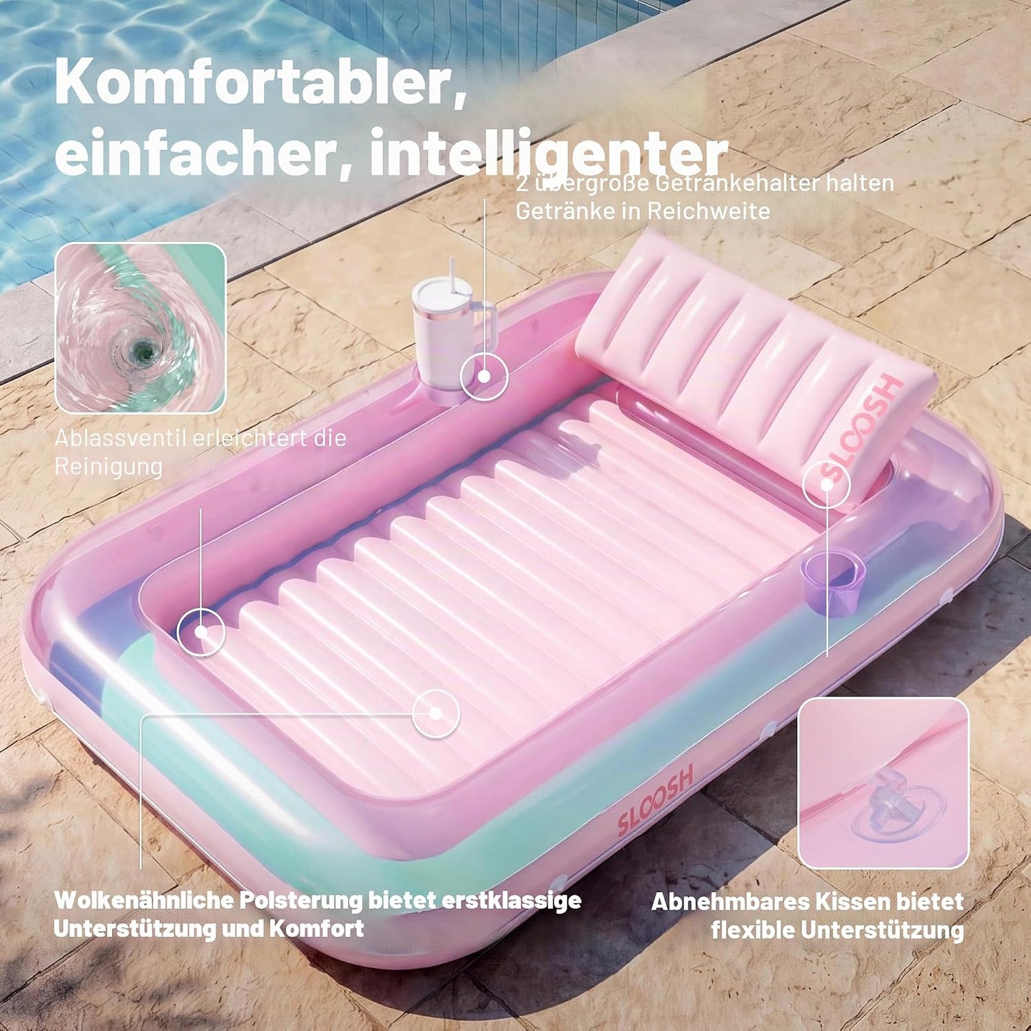 Aufblasbarer Sonnenpool mit abnehmbarem Kissen und Getränkehalter, Cyan-Pink L