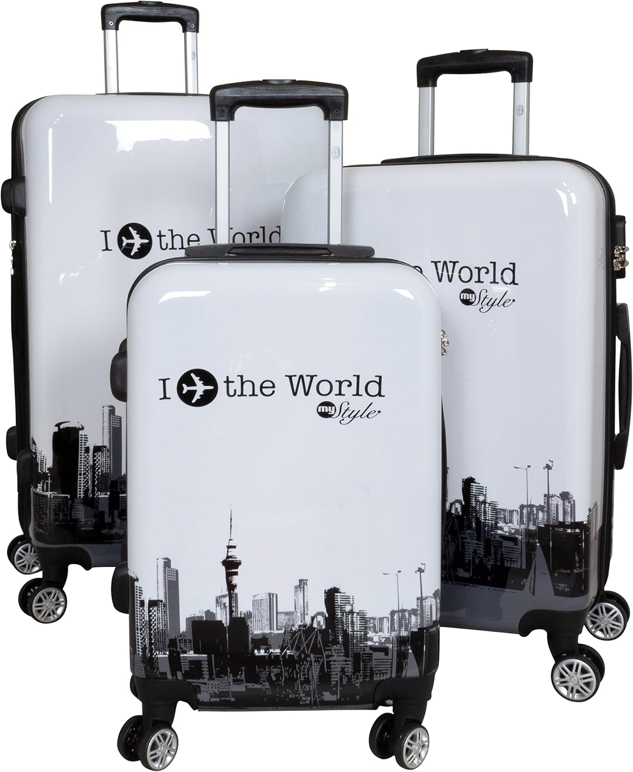 3-teiliges Hartschalen Koffer-Set, Kofferset 3-teilig / Fly The World Weiss