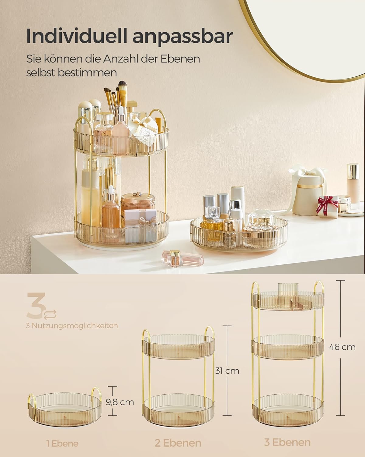 Drehbarer Make-up-Organizer, 3 Ebenen, anpassbar, Champagnergold 3 Ebenen (46H cm)