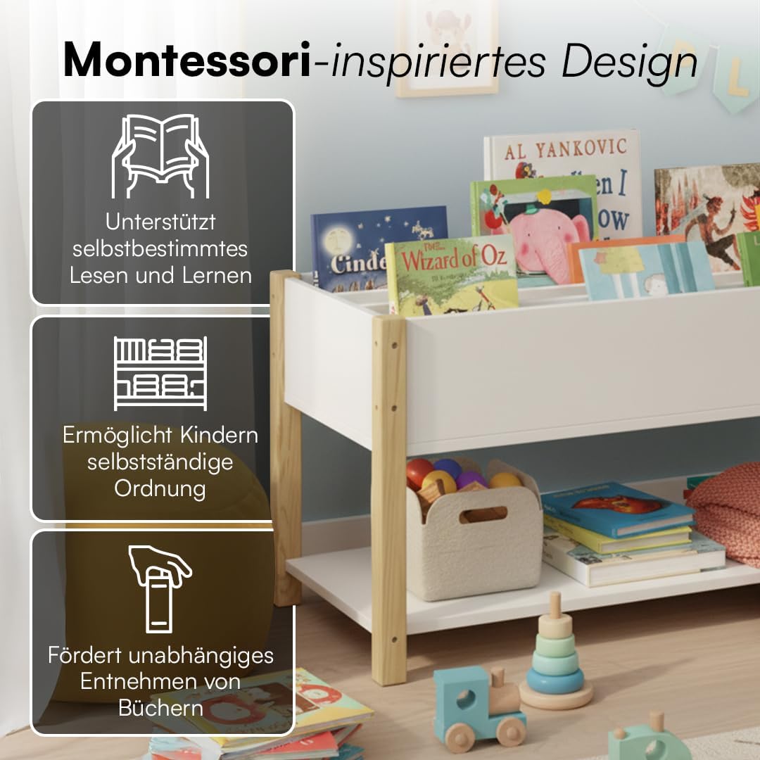 Kinderzimmer Montessori Bücherregal, Weiß/Natur