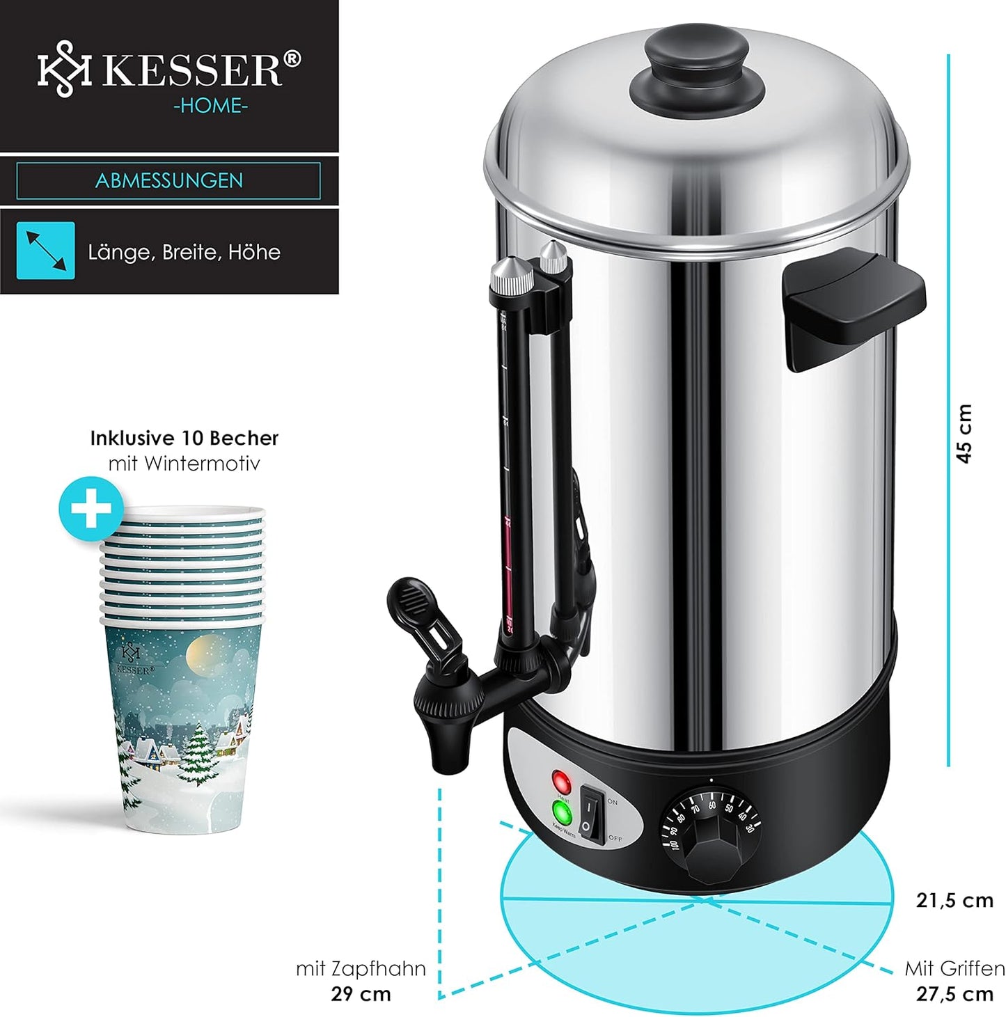 Glühweinkessel mit Thermostat und Zapfhahn inkl. 10x Becher, 8 Liter / Silber