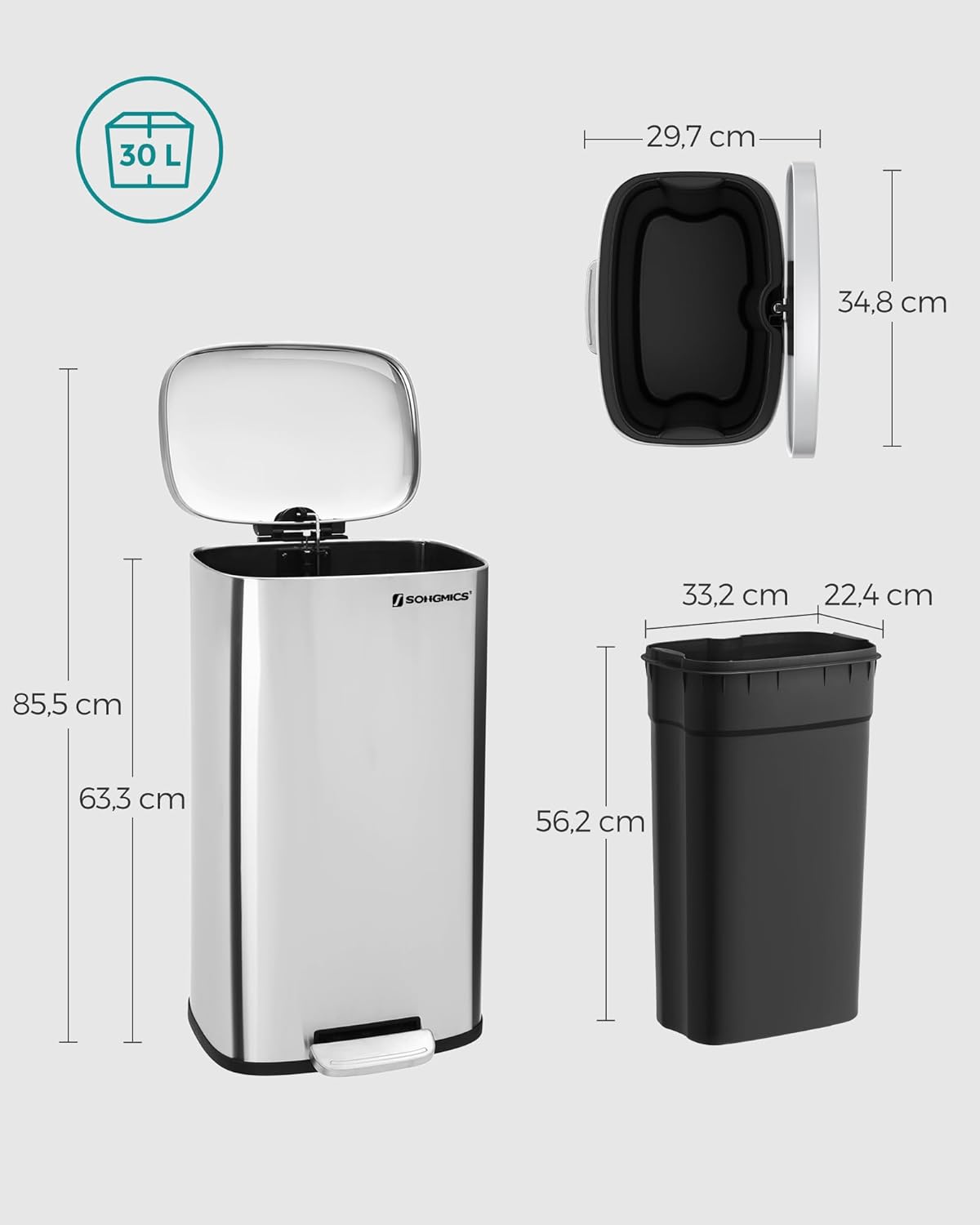 Mülleimer Ria mit Fusspedal und Softclose, silbern, 30 L