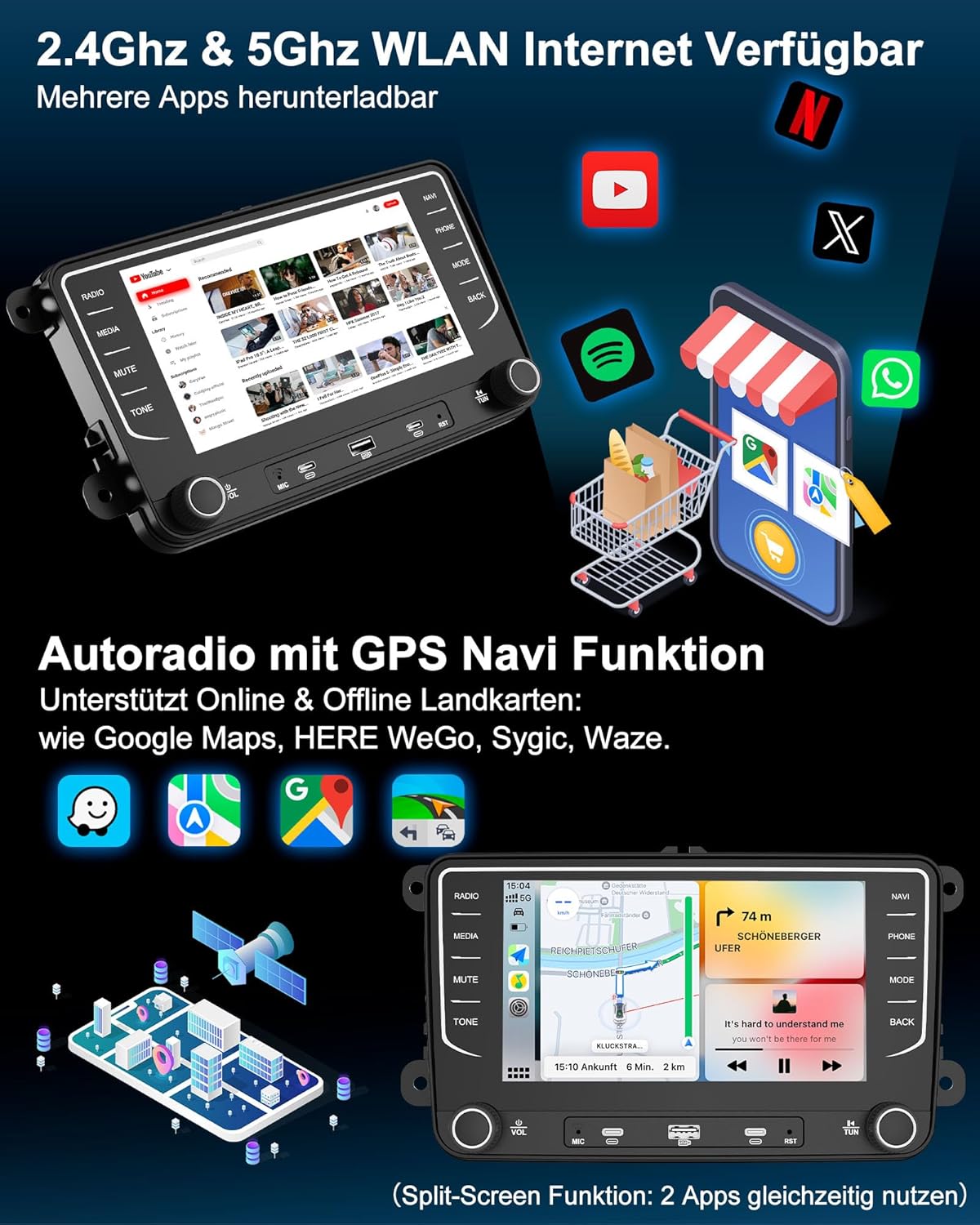 2DIN Autoradio mit Navi, Android Auto und Carplay für VW/Seat/Skoda