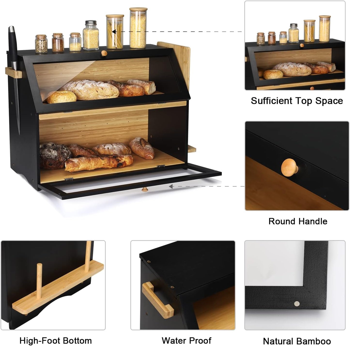 2-stöckiger Brotkasten mit Schneidebrett, Black(50x25x37cm/19.7"x9.8"x14.5")
