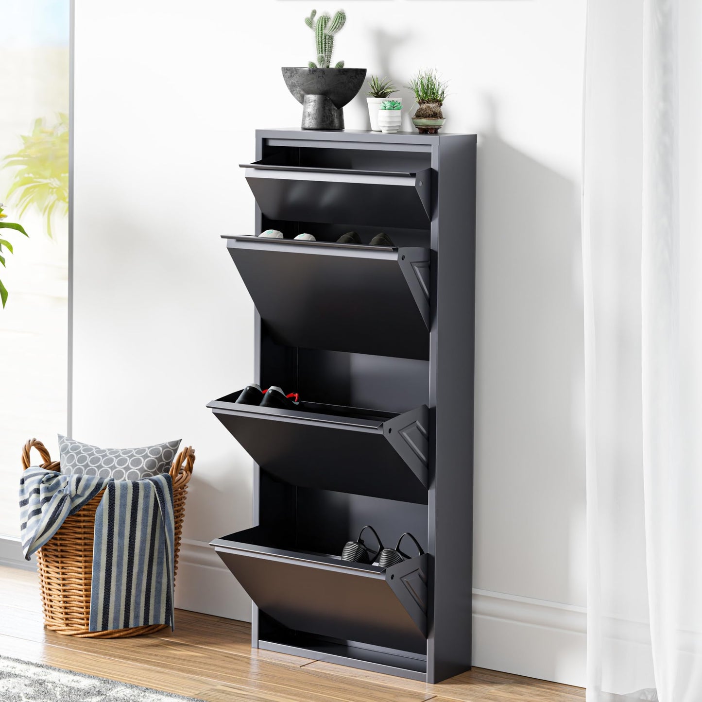 Schuhschrank mit 4 Klappen für 6 Paar Schuhe, Grau mit 3+1 Klappen