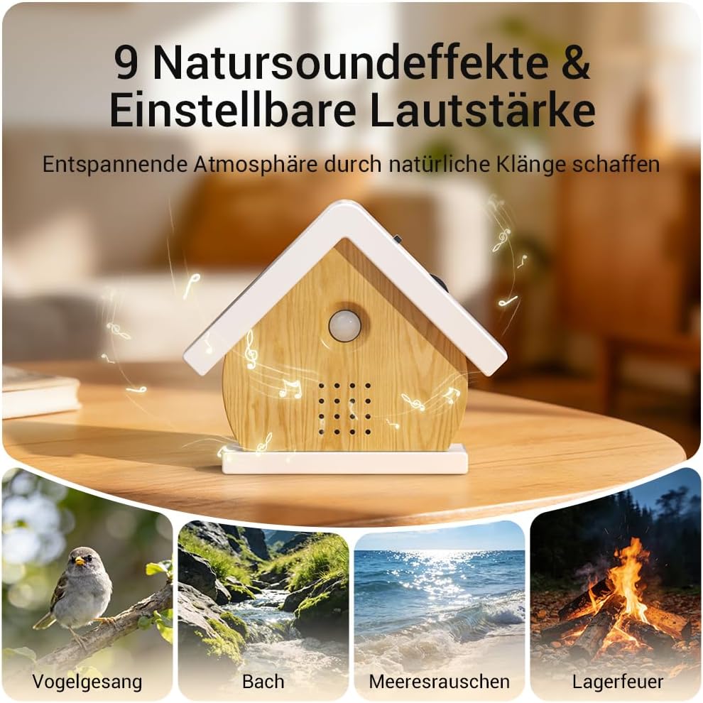 Vogelgezwitscher Box mit Bewegungssensor und Timerfunktion, Hausdesign (Naturholzfarbe)