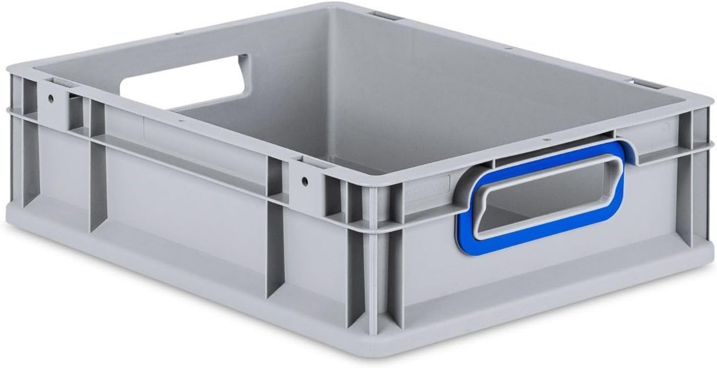 Eurobox NextGen Stapelbehälter (11 L, Griffe offen), HxBxT 12x30x40cm, 11 Liter Grau - Griffe Blau Offen