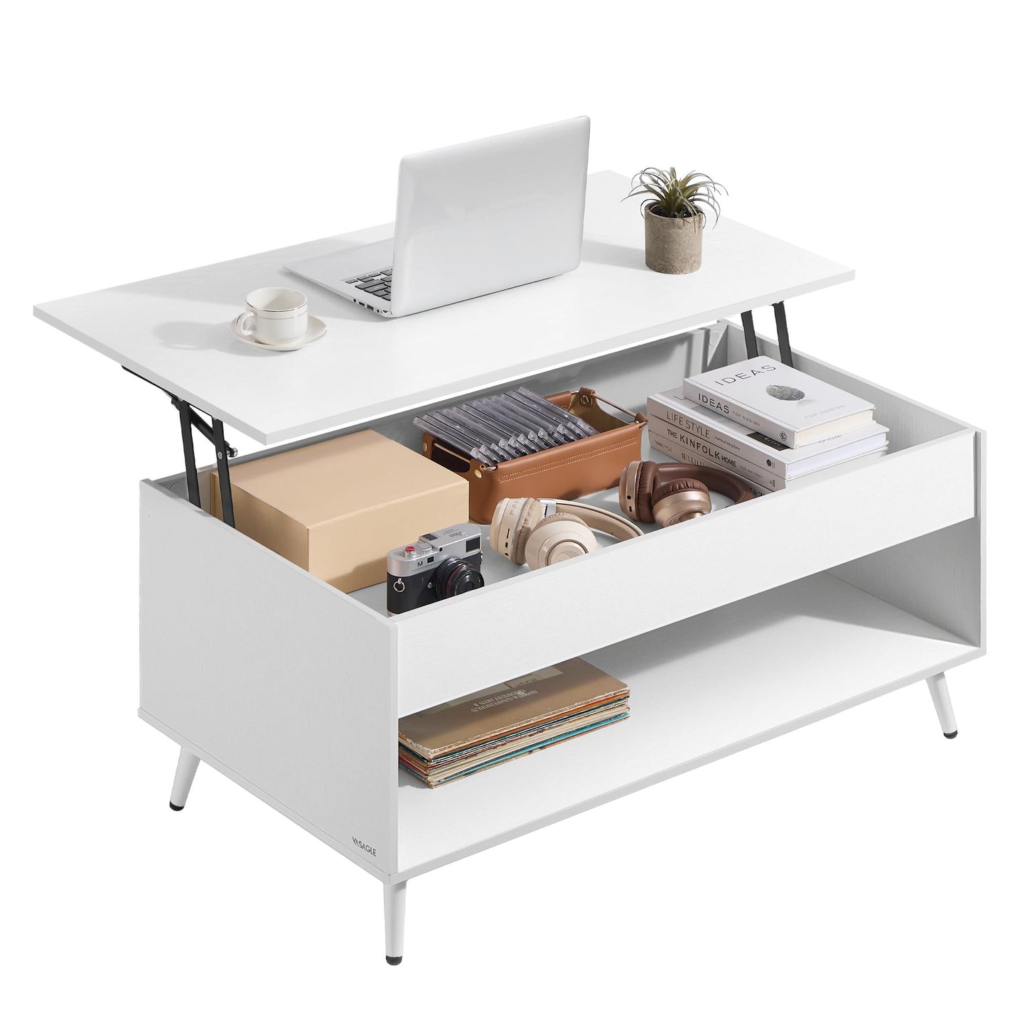 Höhenverstellbarer Couchtisch mit Stauraum, Schneeweiss + Mattweiss