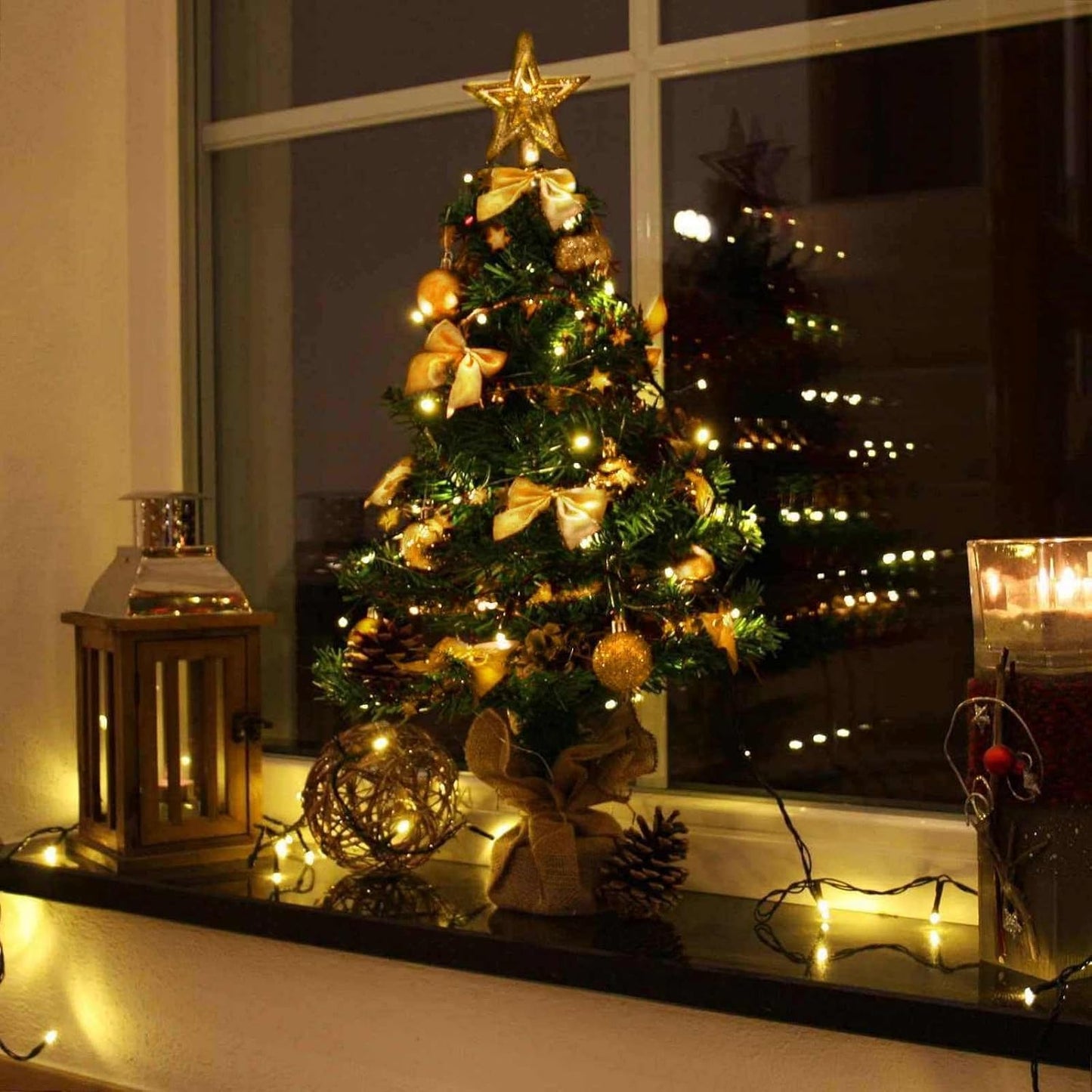 Künstlicher Weihnachtsbaum mit Deko & LED-Lichterkette, 60 cm Grün-gold-braun+warmweiss