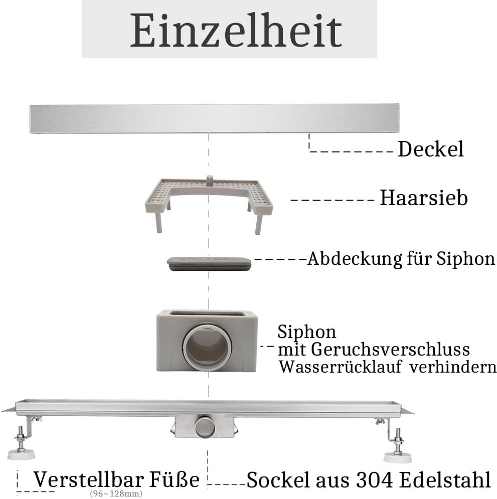 Duschrinne Komplettset mit Siphon und Haarsieb, 70 cm