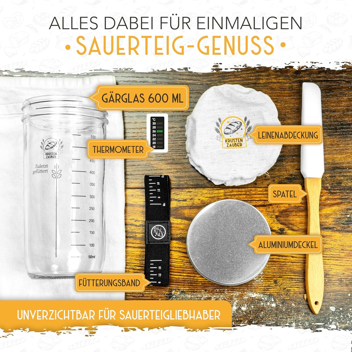 Sauerteig Starter Set mit Gärglas Spatel u. Thermometer, 1x600ml, Sauerteig Starter Set
