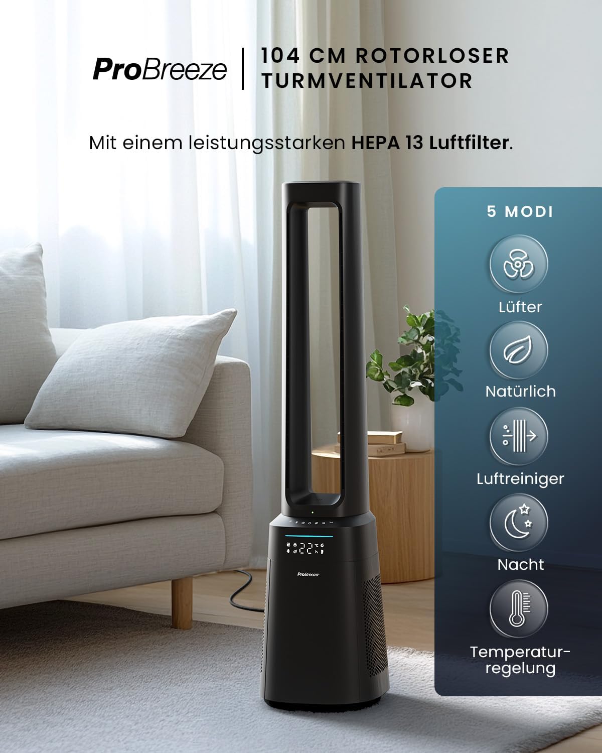 OmniAir Turmventilator mit Luftreiniger & HEPA Filter, Ohne App Schwarz