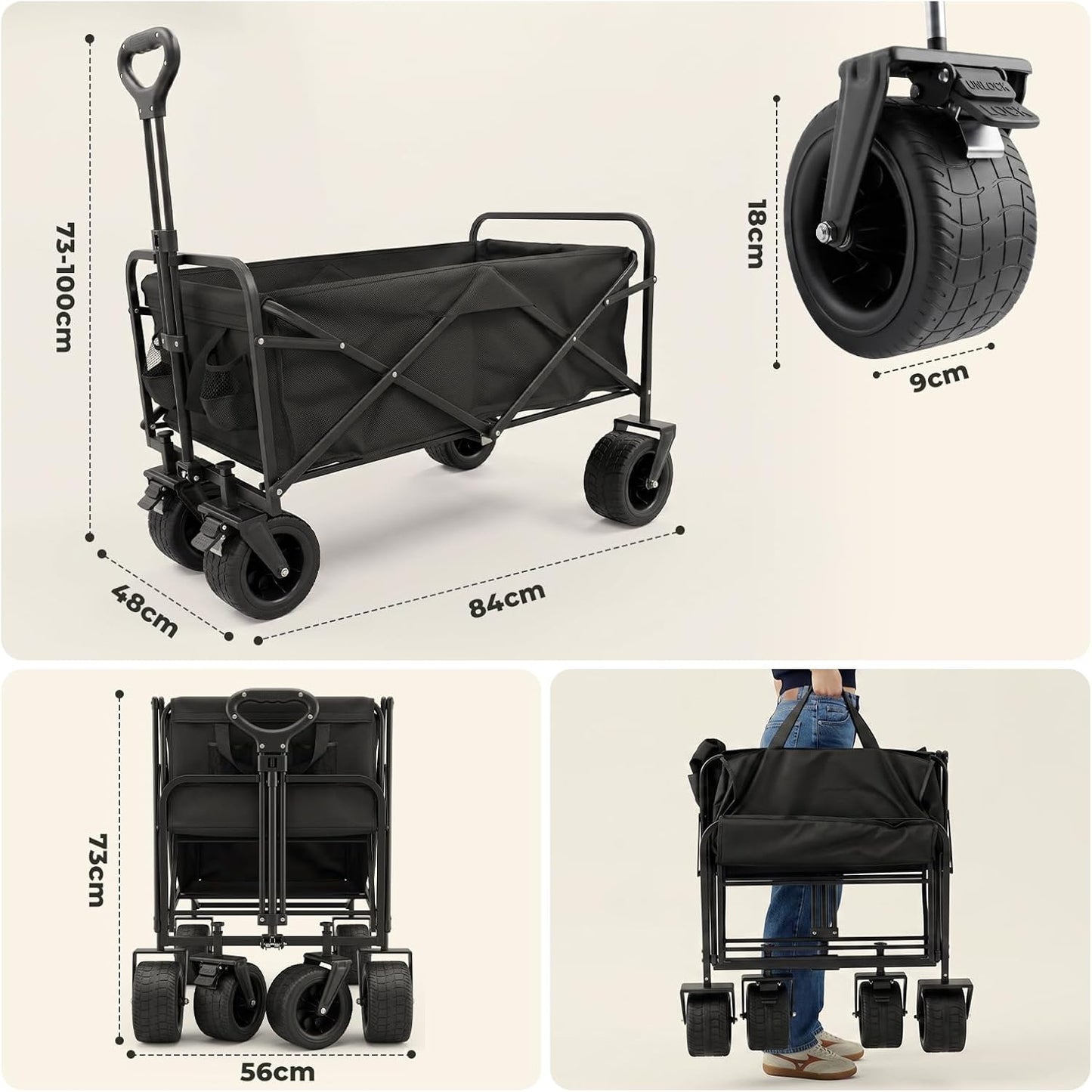 Faltbarer Bollerwagen mit 360° All-Terrain-Rädern