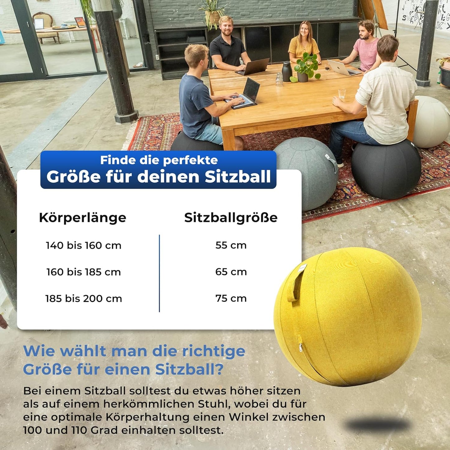 Ergonomischer Sitzball fürs Büro (65 cm), 65 cm Gelb