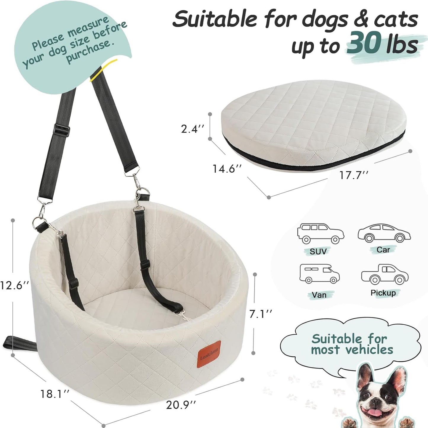 Bequemer Hunde-Autositz mit Sicherheitsleine, Beige Small