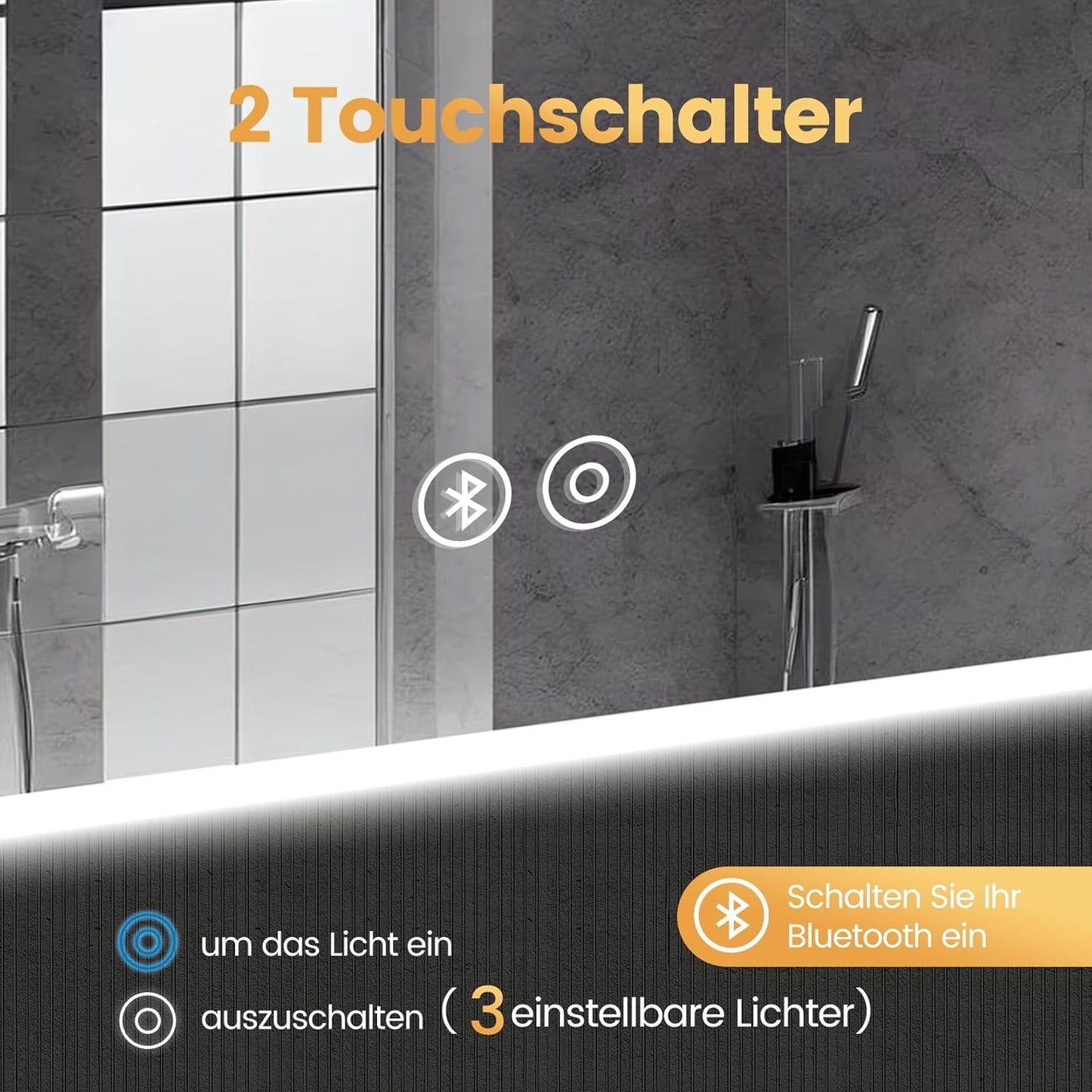 LED Badspiegel mit Bluetooth und Steckdose (100x60cm), Bluetooth+ Steckdose+ Beschlagfrei+ 3 Lichtfarbe 60L x 100B cm