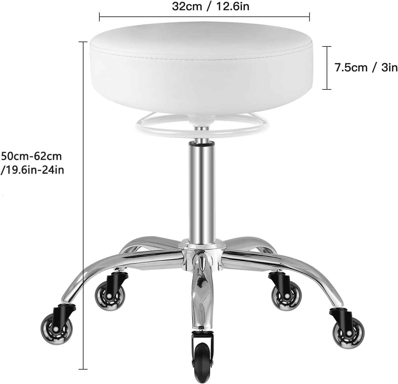 Höhenverstellbarer Rollhocker 360° drehbar, Weiss