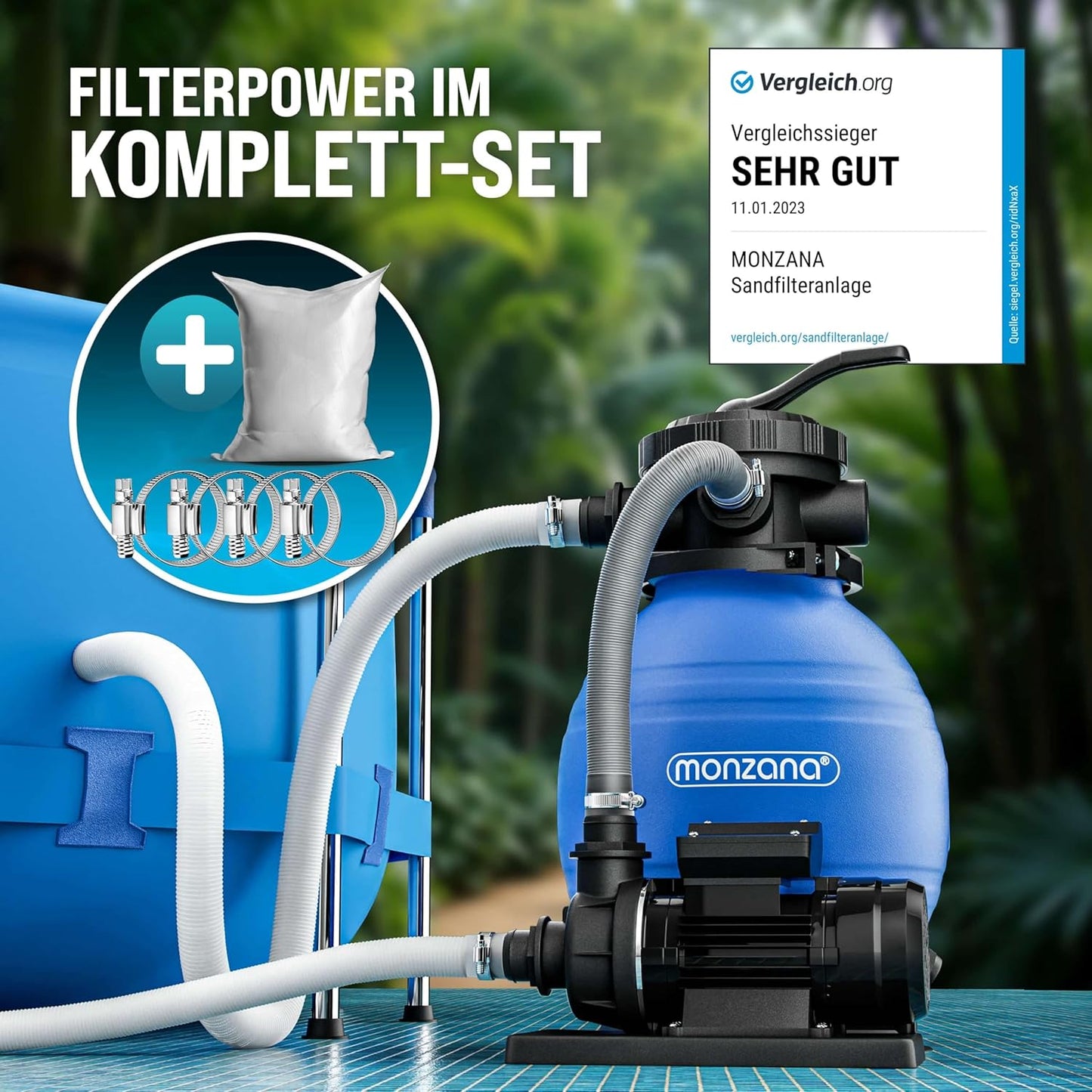 Sandfilteranlage mit 4-Wege-Ventil und Filterglas, 10.200 L/H mit Filterglas