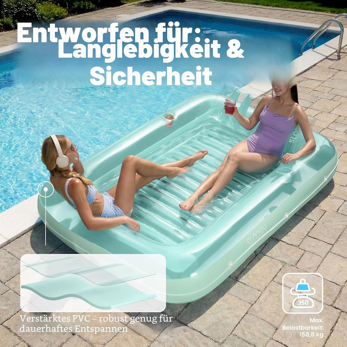 Aufblasbarer Sonnenpool mit abnehmbarem Kissen und Getränkehalter, Cyan XL