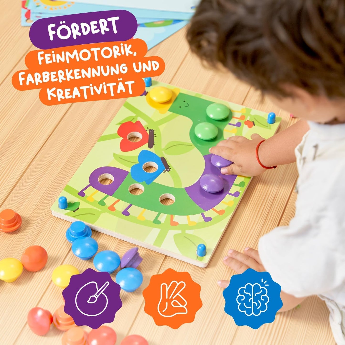 Hölzernes Pegging-Spiel für Kleinkinder Bunte Knöpfe Passende Karten