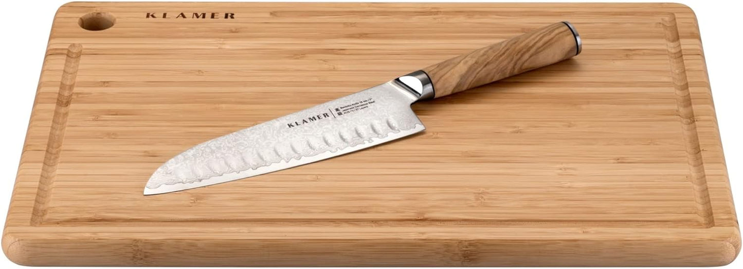 Premium Santoku, Premium Damastmesser Olivenholz, Santoku 18 cm