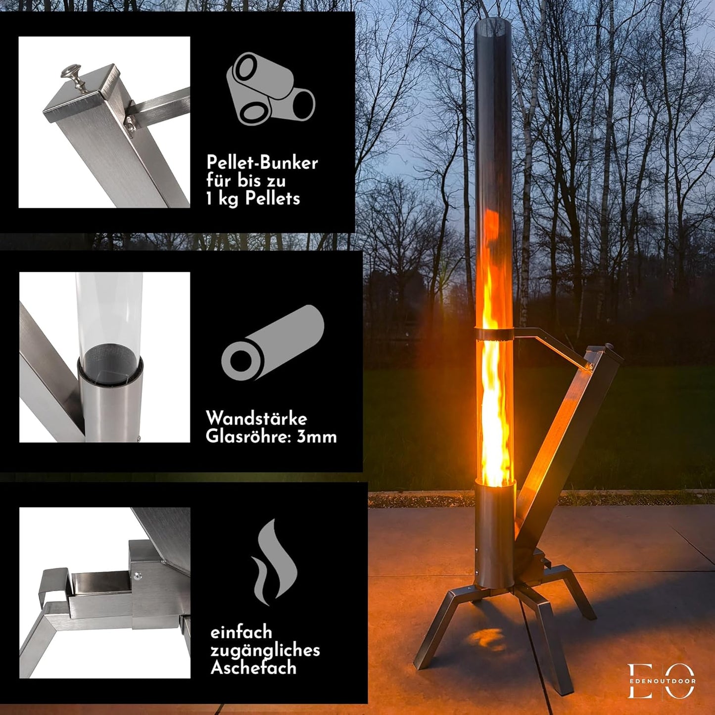 Pelletbefeuerte Gartenfackel mit Glasröhre, Gartenfackel