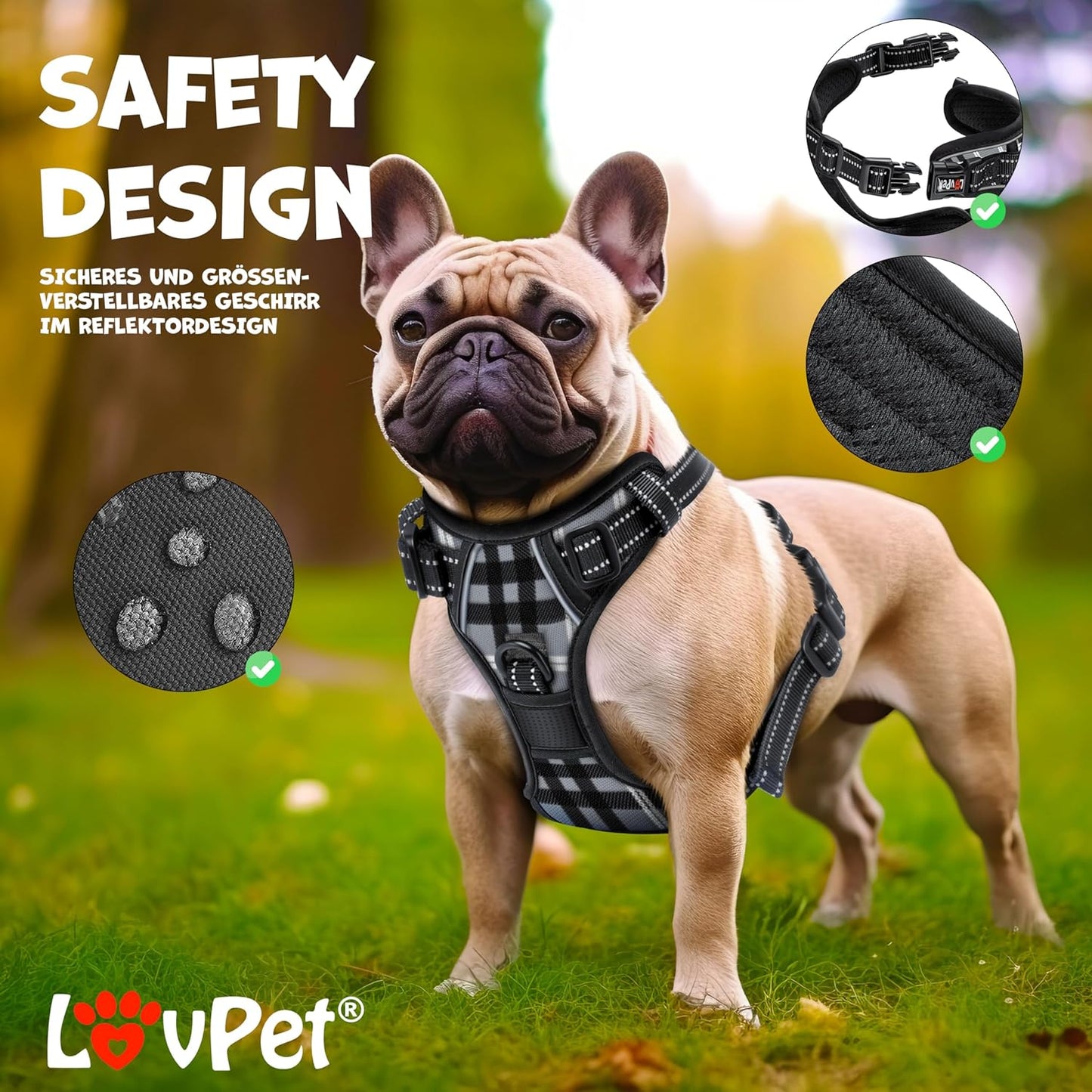 No-Pull Hundegeschirr, L Grau Kariert