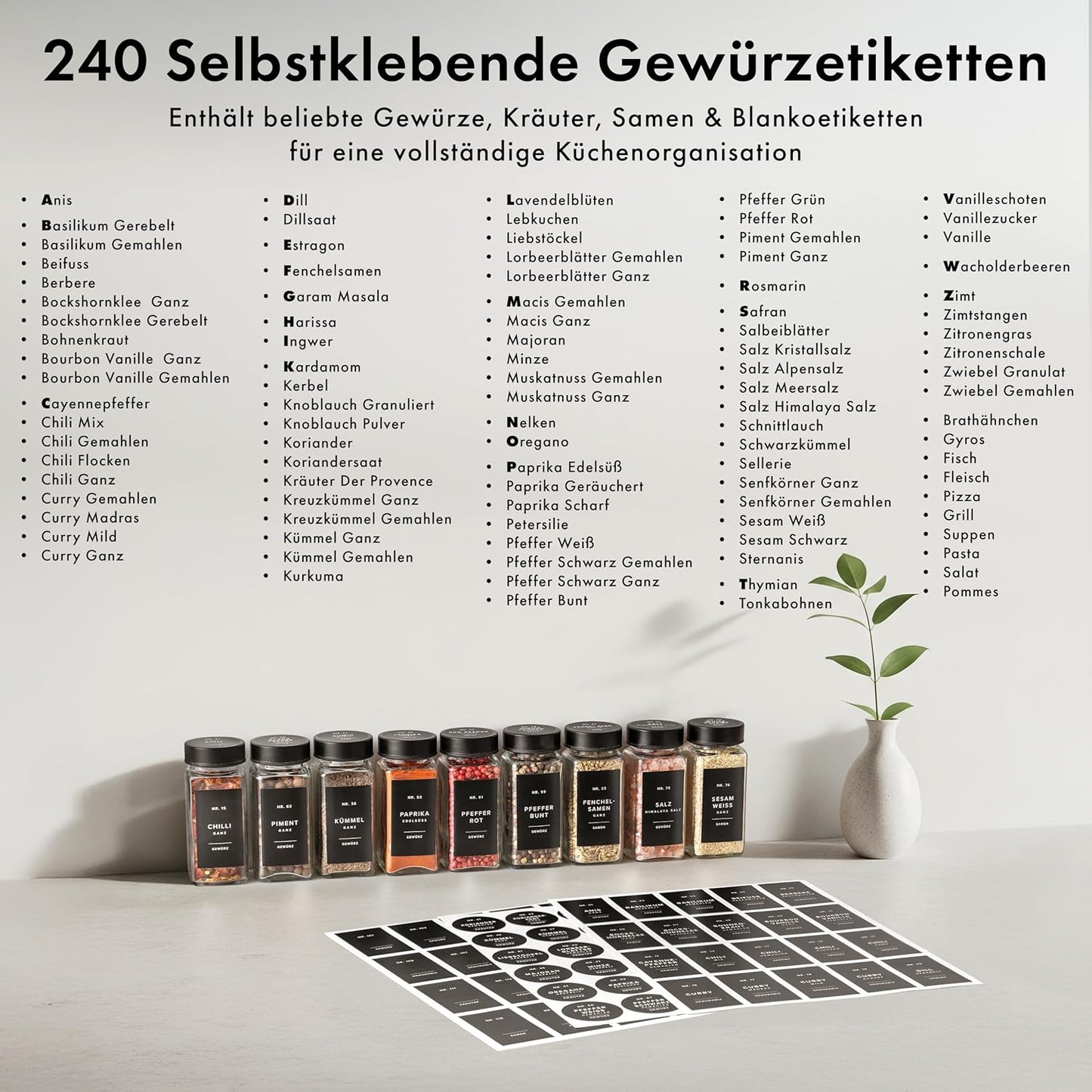 24-teiliges Gewürzgläser-Set mit Streueinsatz, Schwarzer Edelstahl Deckel