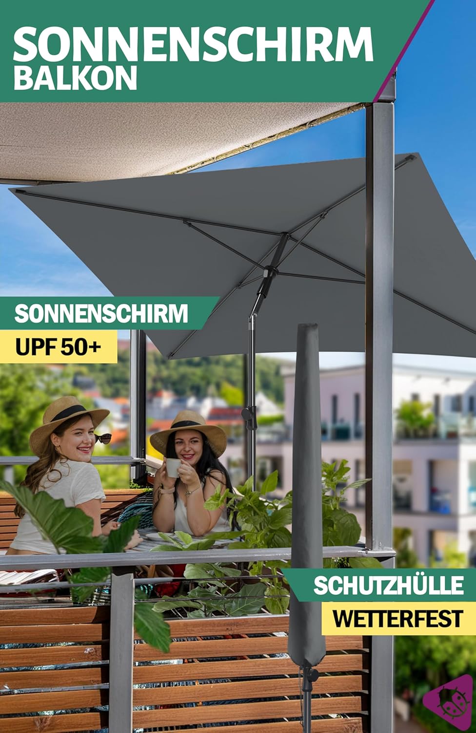 Rechteckiger Balkonschirm mit Knickfunktion, Anthrazit 2er Set – 1 x Schirm mit hülle