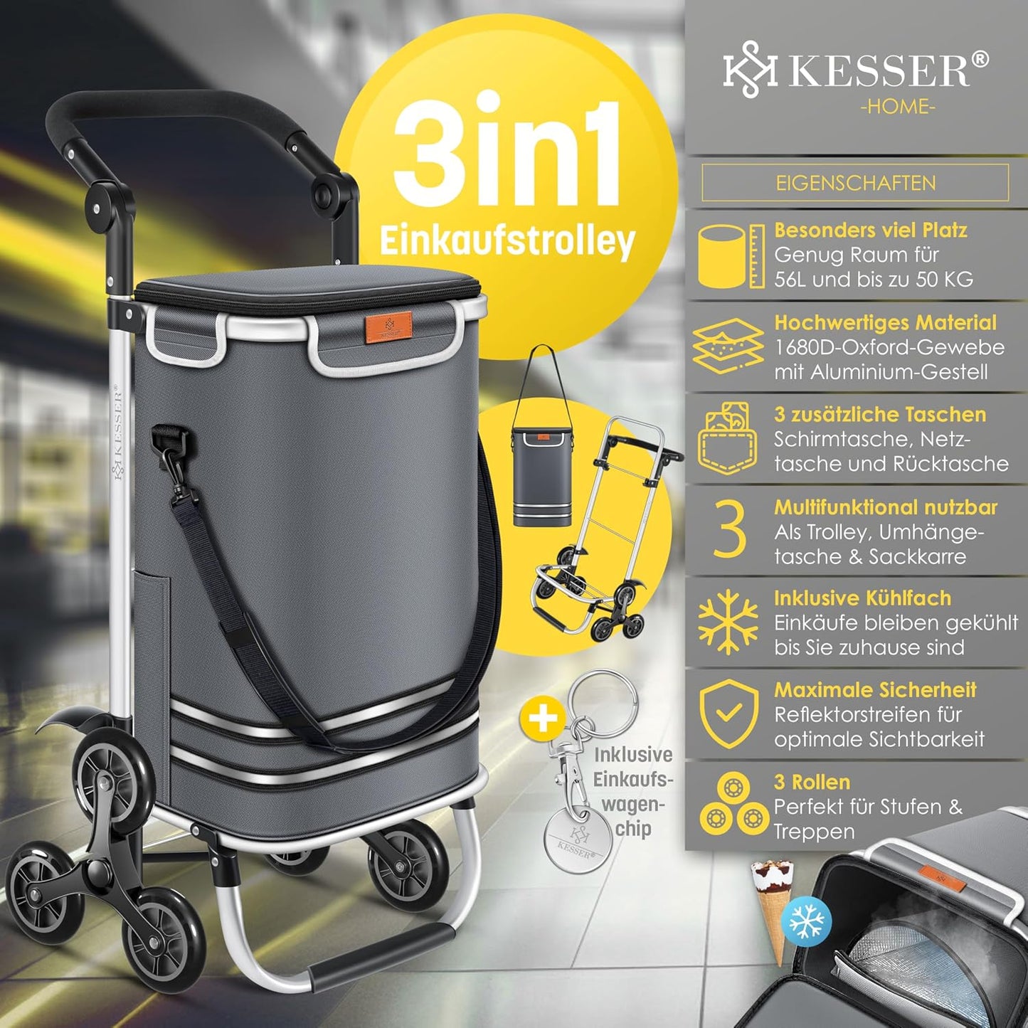 Einkaufstrolley Treppensteiger klappbar 3in1 (56L), Anthrazit