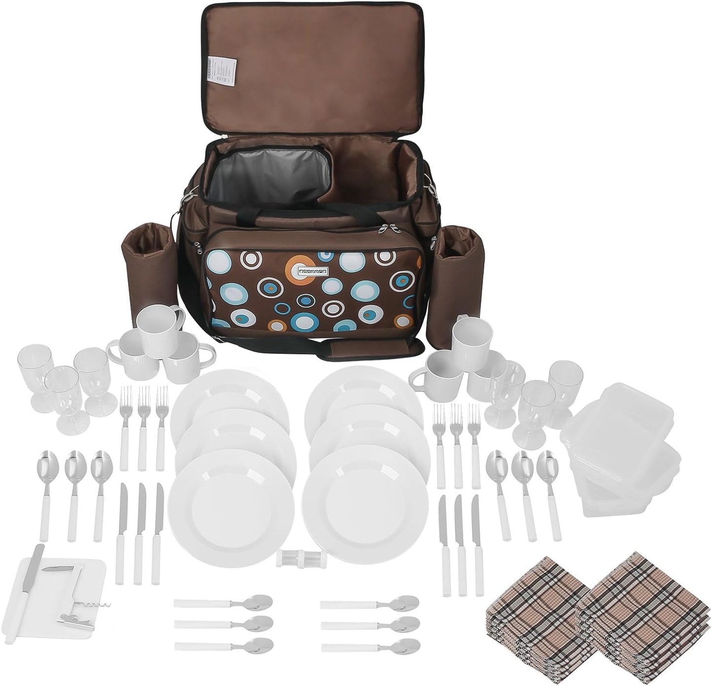 Picknicktasche für 6 Personen, Braun Hellblau Kreise
