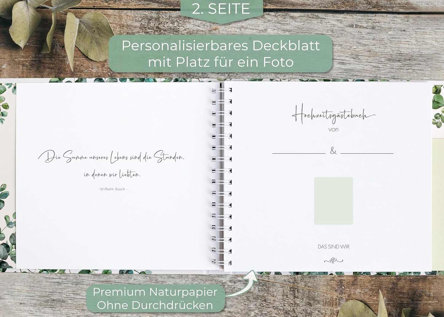 Gästebuch mit Fragen, mit Fragen Eukalyptus + Gold