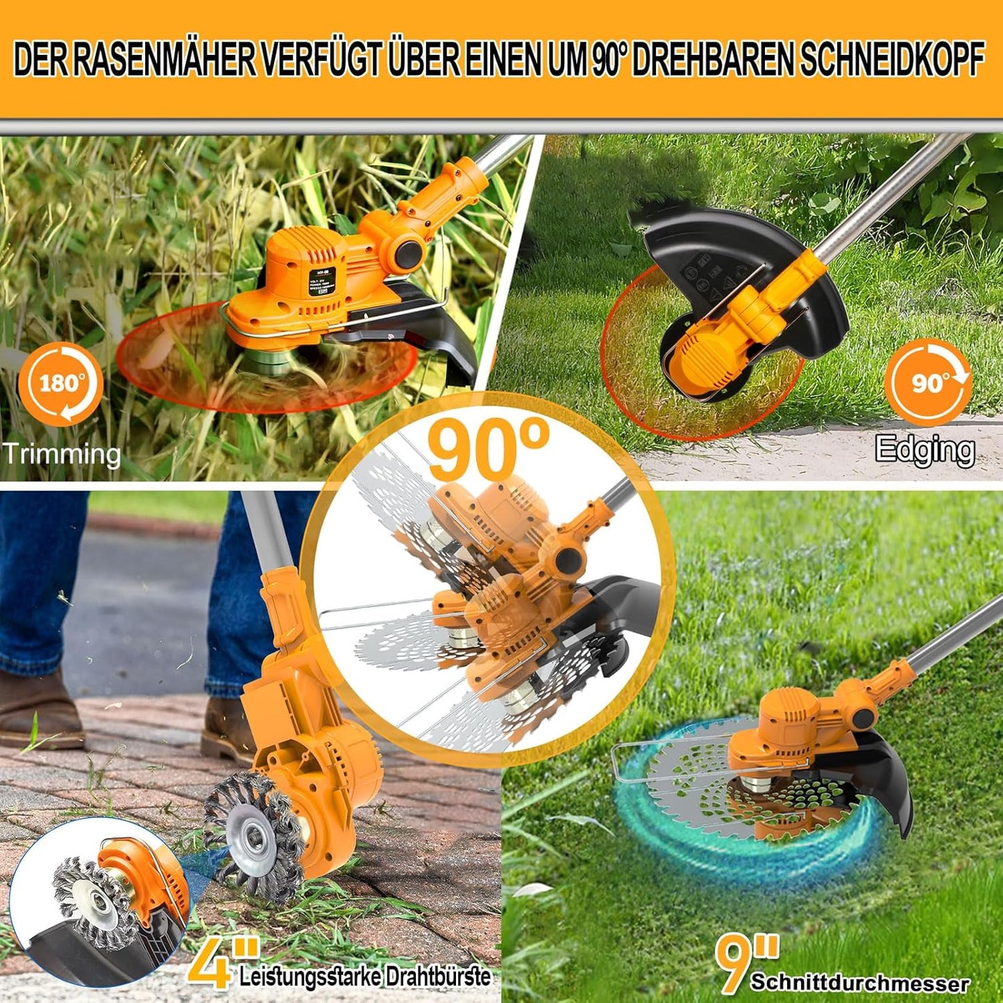 4-in-1 Akku-Rasentrimmer mit Unkrautbürste, orange