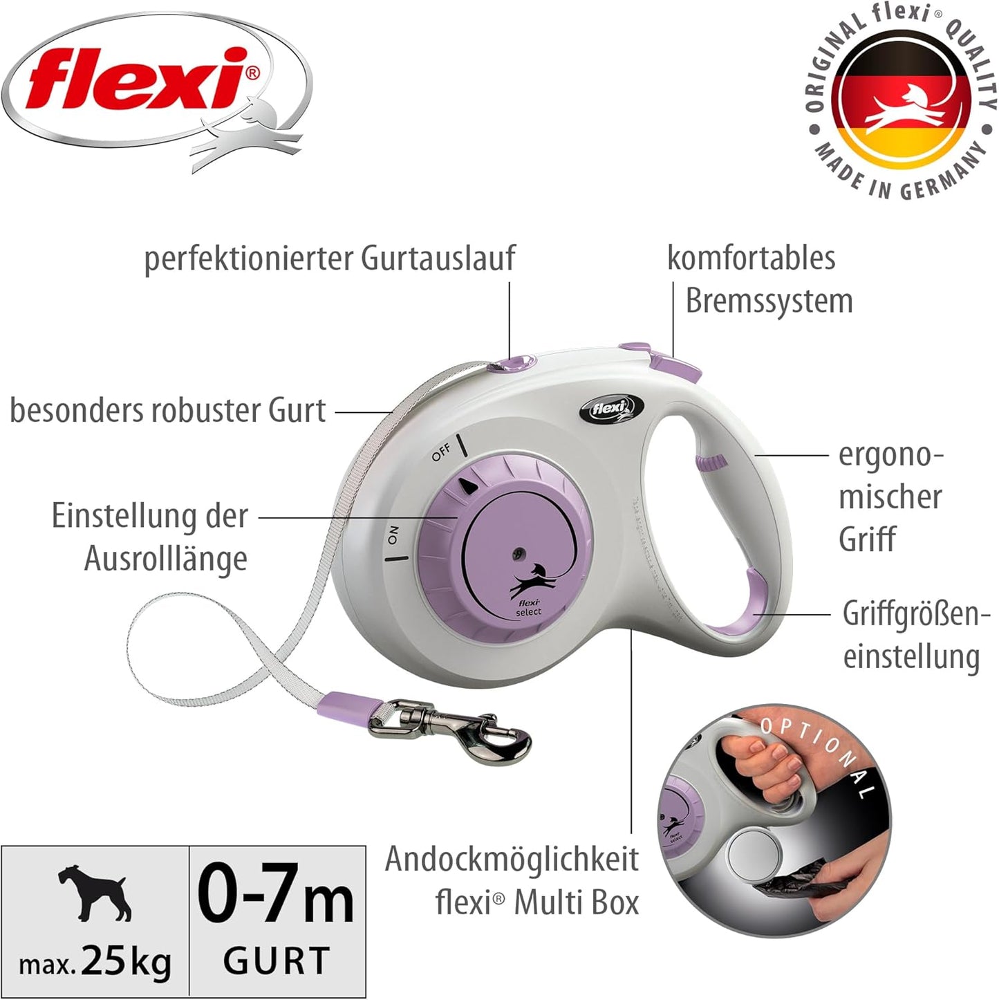 Roll-Leine für Hunde (bis 25 kg, 7 m), hellgrau/violet M: 0-7m (max. 25kg)