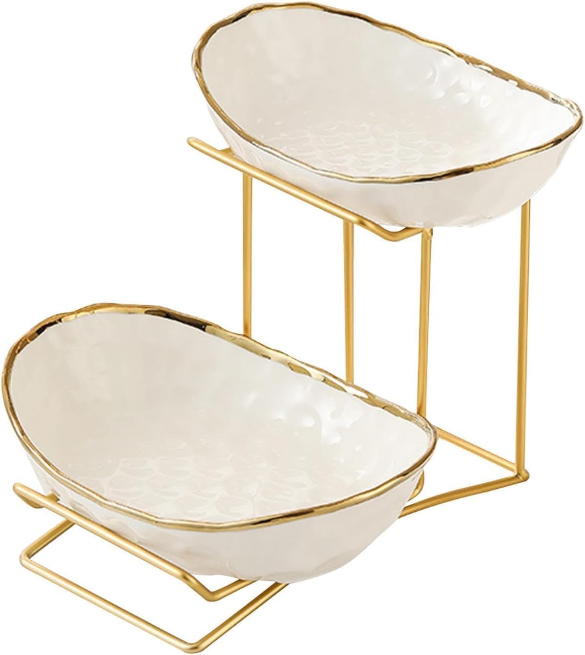 2-stöckige Keramik Obst Etagere mit Metallständer, Gold-weiss-2schale