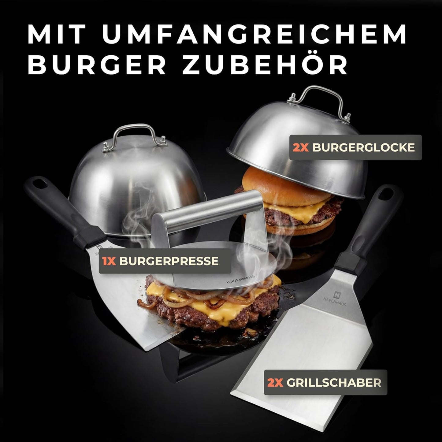 Grillplatte mit Smash Burger Zubehör-Set, Grillplatte 4mm + Smash Burger Set XXL