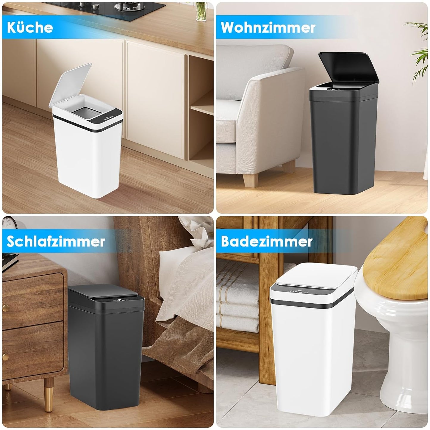 2er-Set Abfalleimer mit Sensor, Schwarz + Weiss