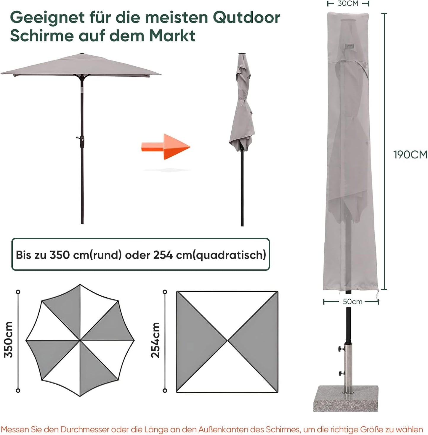 Sonnenschirm Schutzhülle mit Stab, Grau 190cm x 30/50 cm
