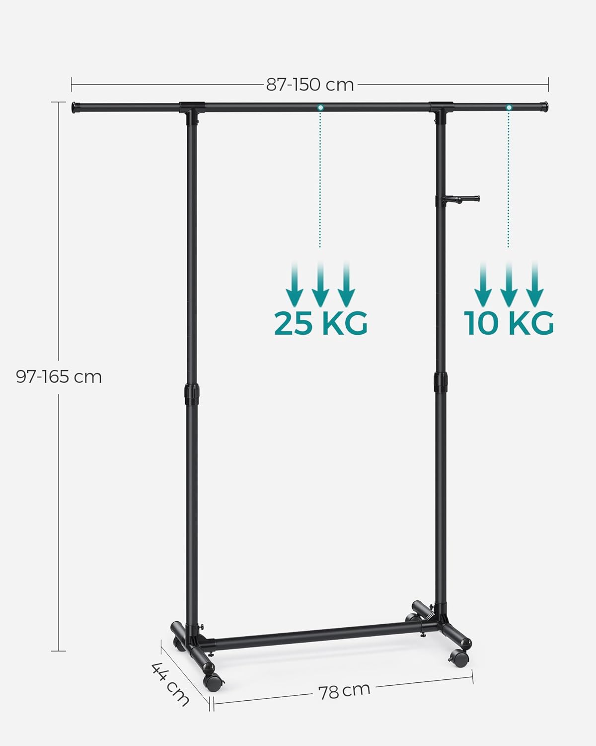 Höhenverstellbarer Kleiderständer auf Rollen, LLR001B01, Tintenschwarz 44 x (87-150) x (97-165) cm