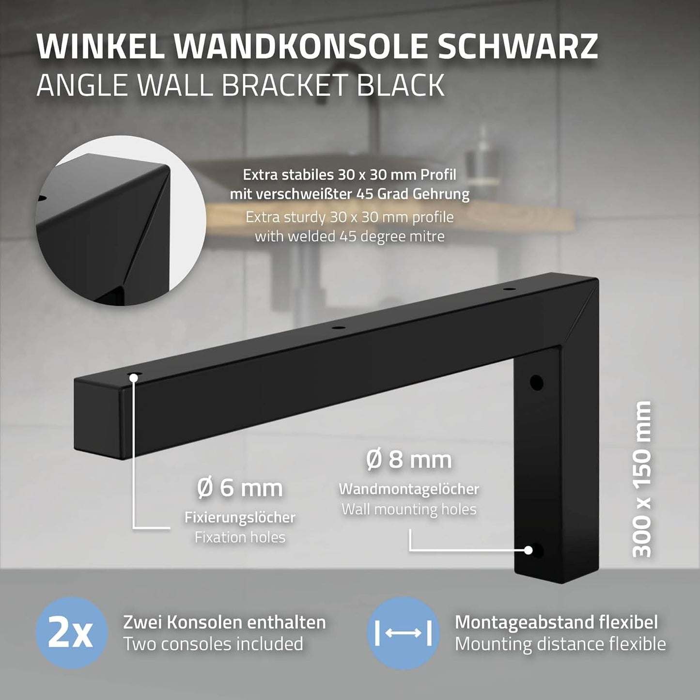 Wandkonsole-Set für Waschtisch, 300 x 150 mm Schwarz