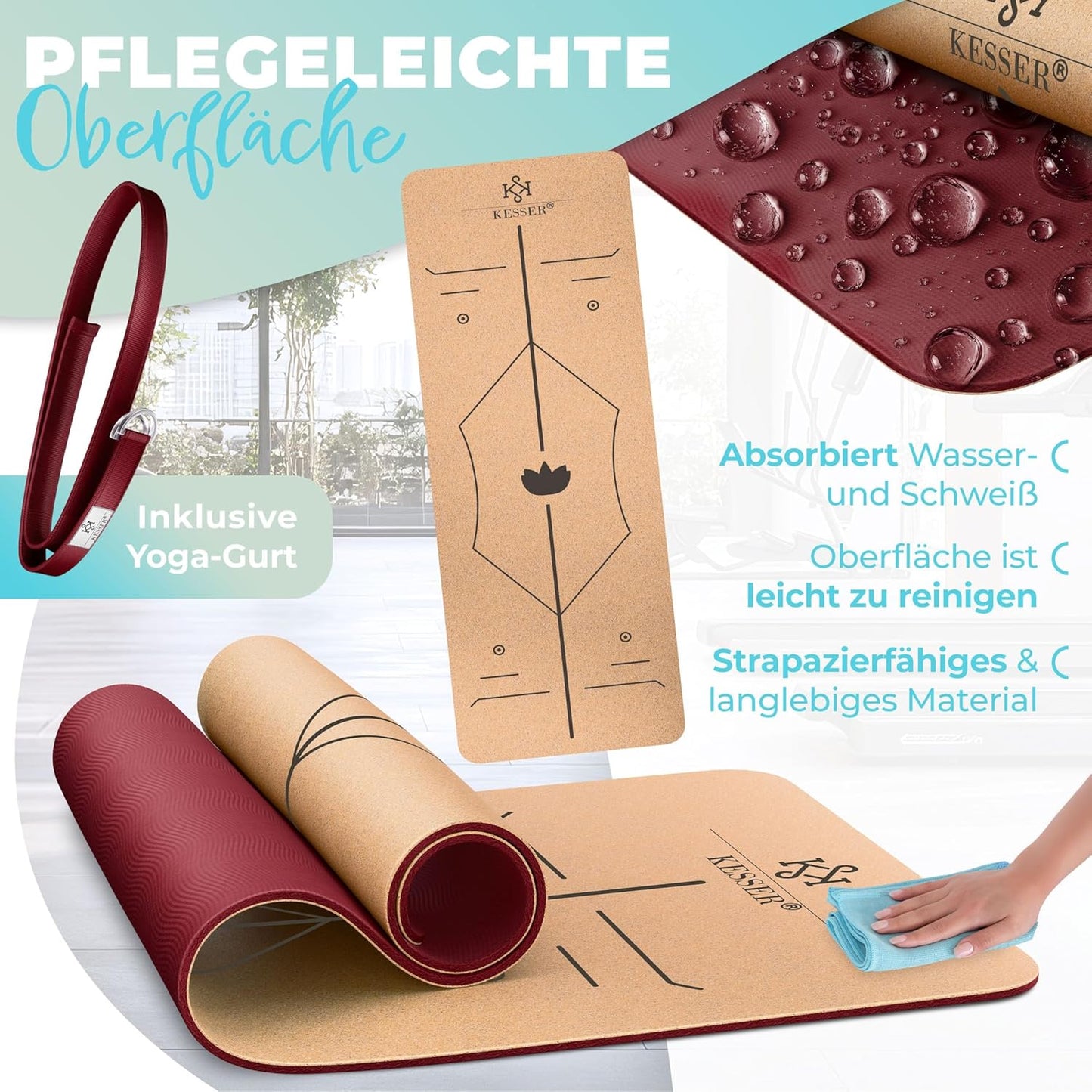 Yogamatte mit Tragegurt & Block, Bordeaux