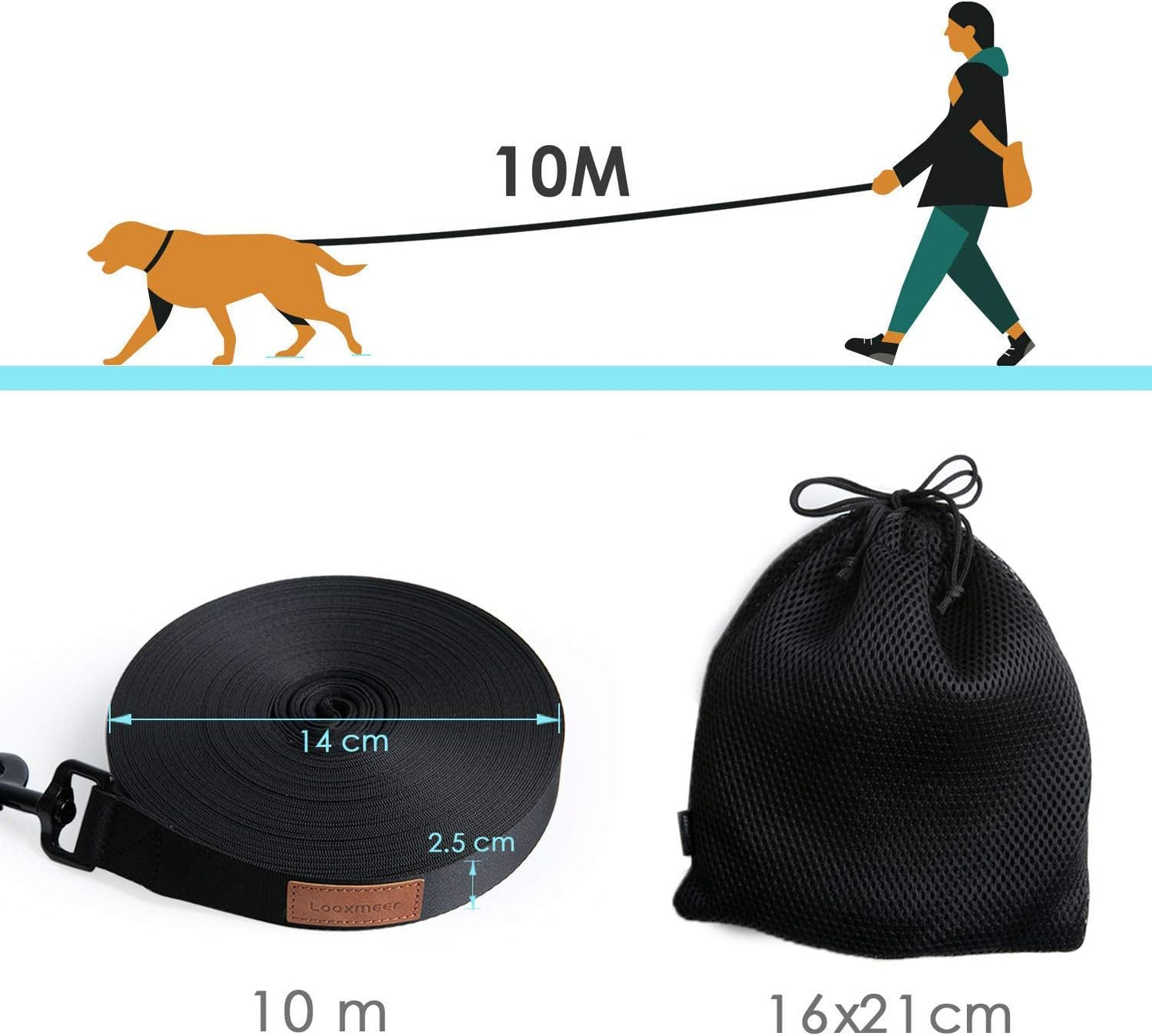 Schleppleine für Hunde, 10M, Schwarz