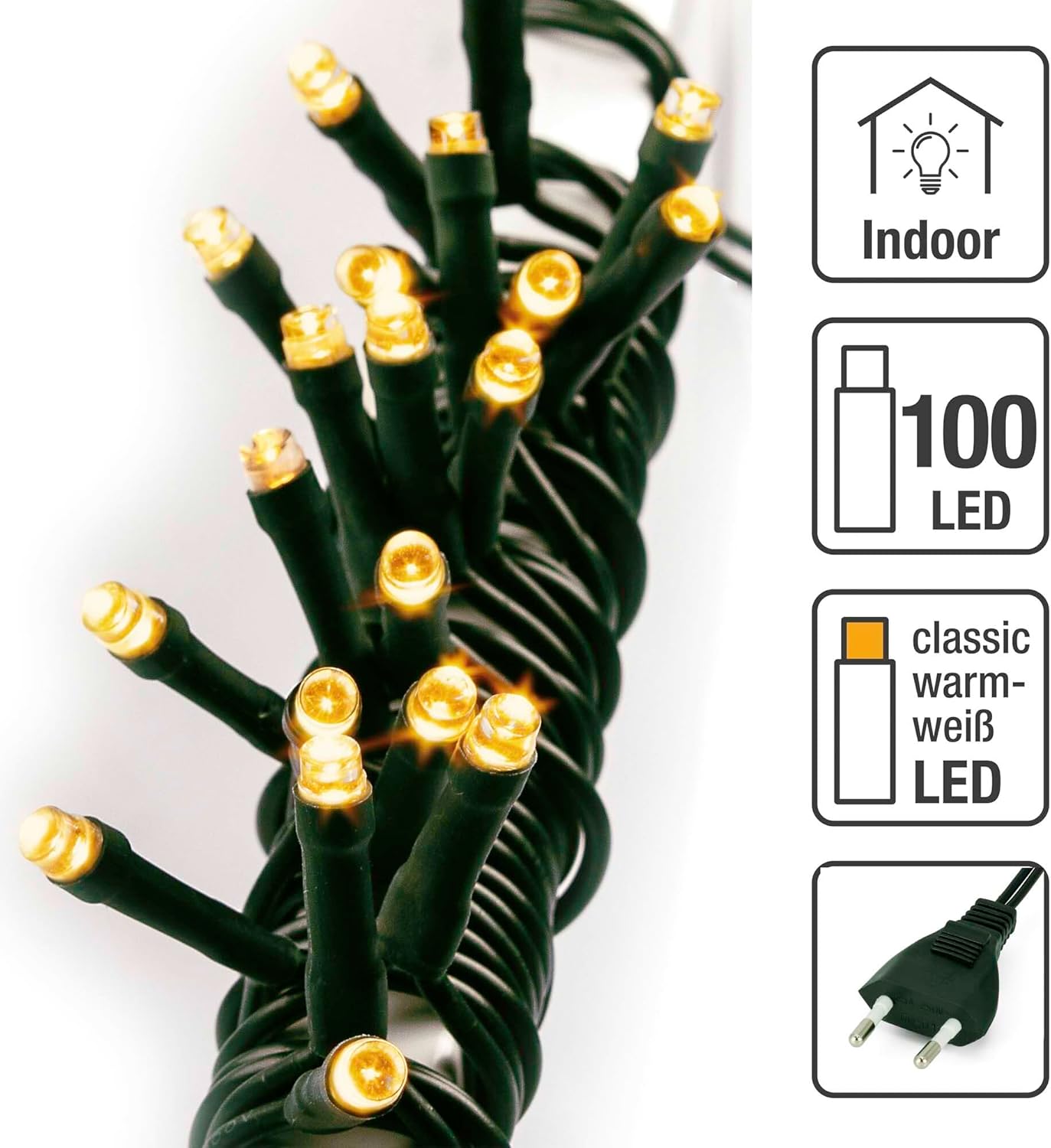 LED-Lichterkette, Klassisch Warmweiss / Kabel Grün 100 LED / 14,85m