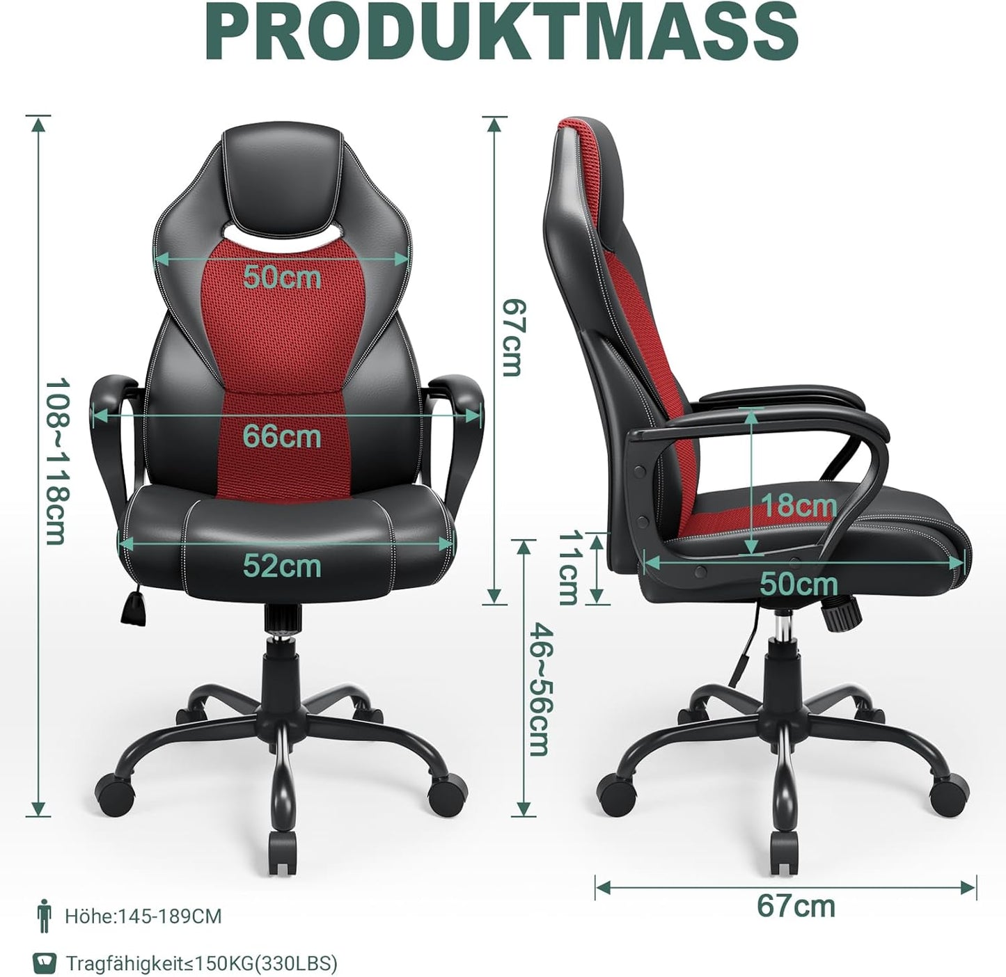 Ergonomischer Racing Schreibtischstuhl mit Wippfunktion, Rot