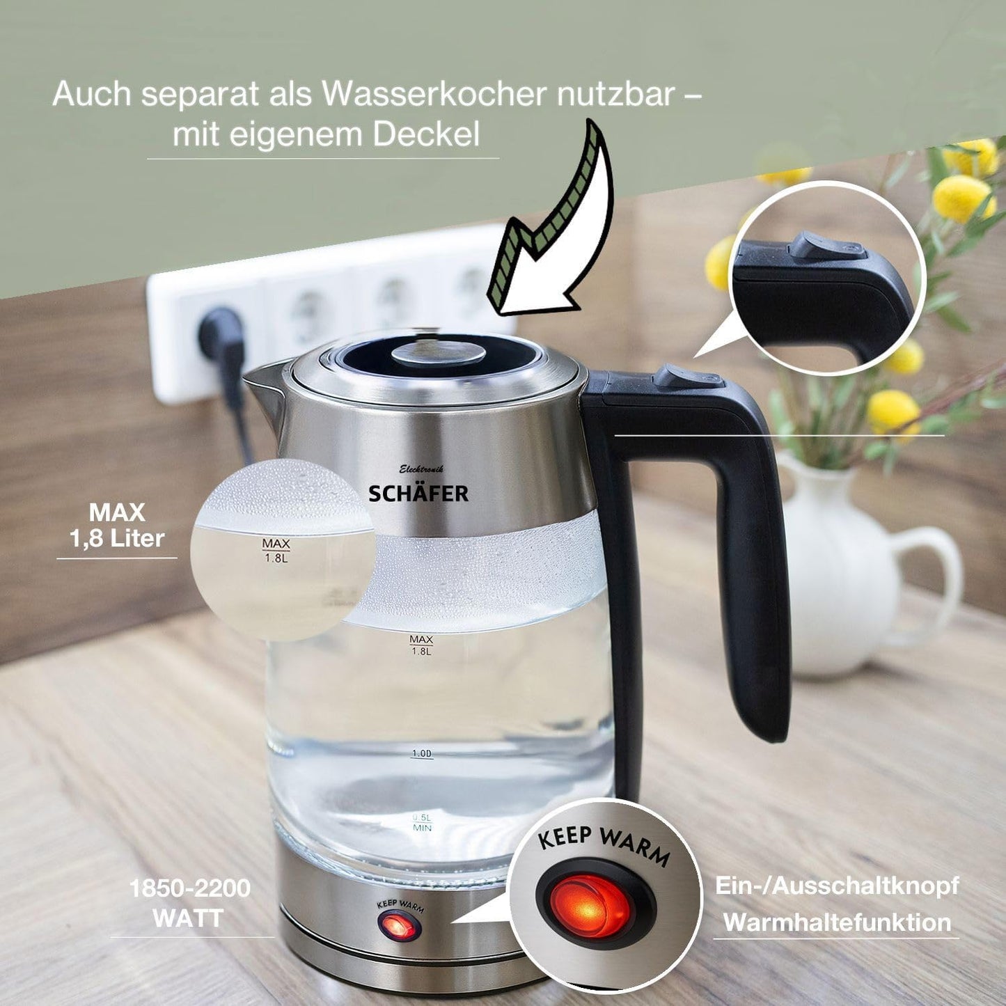 Tee- und Wasserkocher mit Teesieb und Abschaltautomatik, Alya-silber