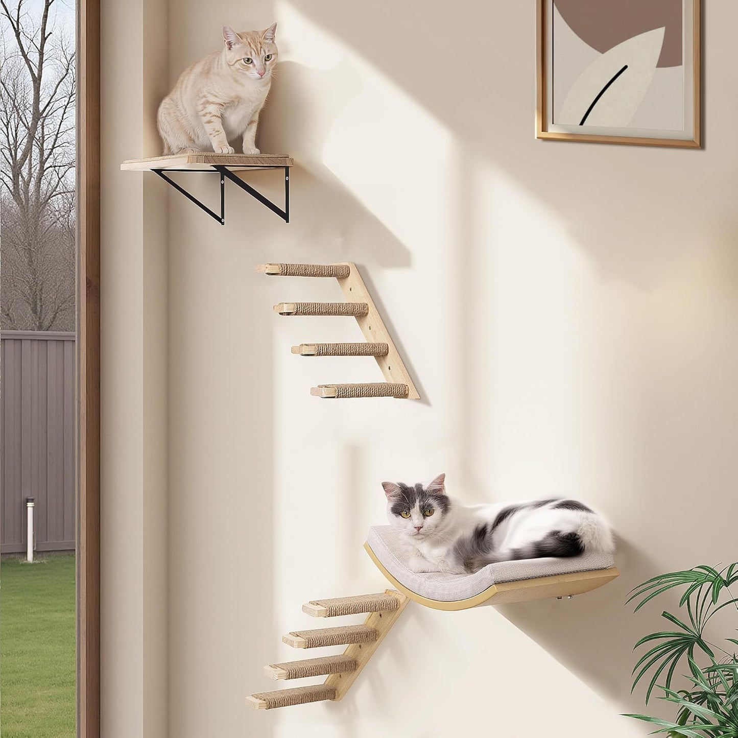 Katzen-Kletterwand-Set mit Plattformen und Treppen, Beige 2PC Pedal + 2PC Katze Wandregal