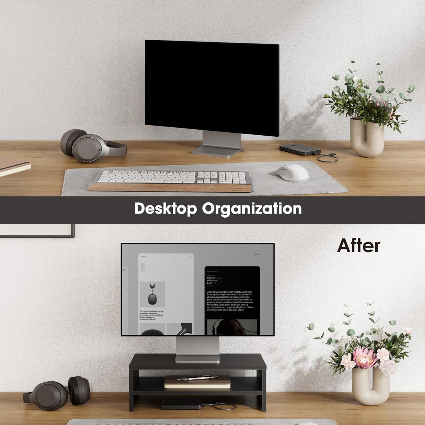 Ergonomischer Monitorständer mit Ablage, Schwarz 42.5x23.5x14cm